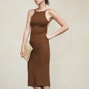 Reformation Carson Brown Rib Knit High Neck Open Back Bodycon Midi Dress Small